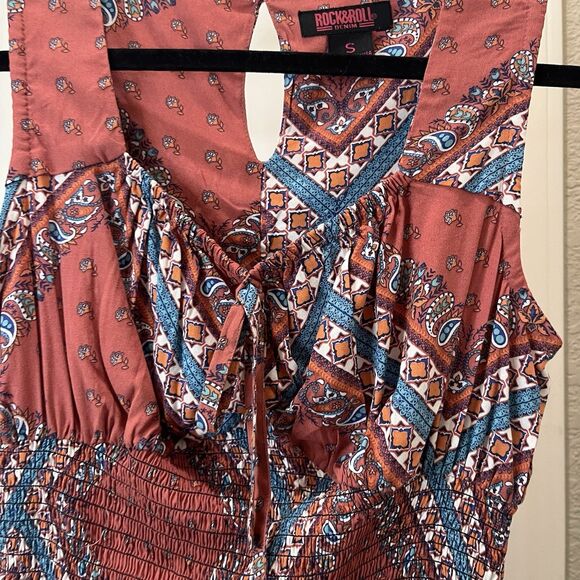 Rock & Roll Denim Mauve Pink Floral Paisley Western Smocked Cowgirl Crop Top S - Picture 2 of 9